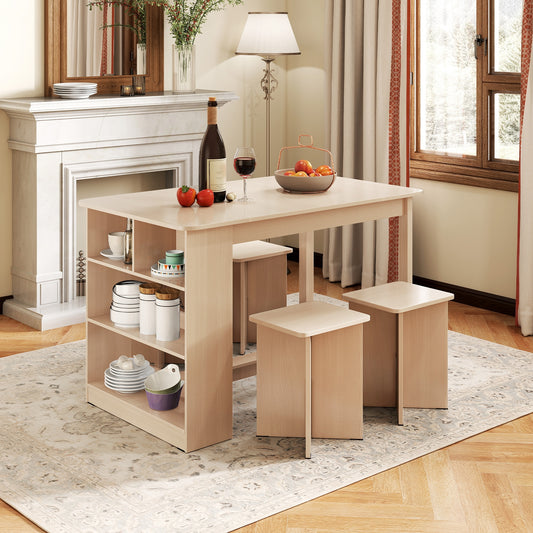 5 Pieces Dining Table Set with Storage Shelf and 4 Stools, Natural Dining Room Sets Natural at Gallery Canada