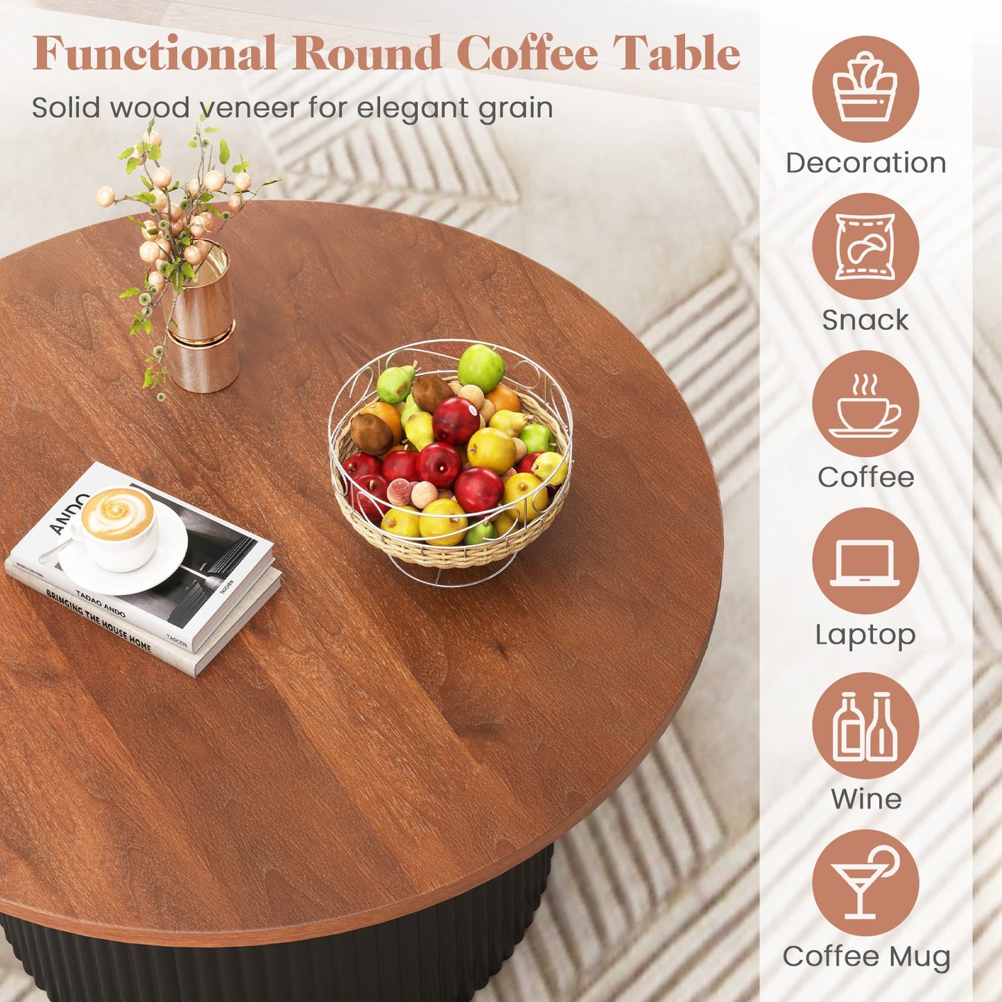 Round Coffee Table with Solid Wood Frame and Wooden Top, Walnut Coffee Tables at Gallery Canada