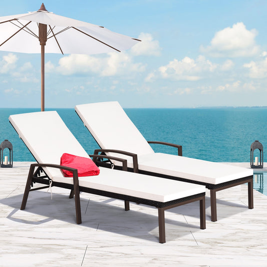 2 Pieces Patio Rattan Reclining Chaise Lounge Chair with Cushion and Armrest, Red & White Outdoor Chaise Lounges Red & White at Gallery Canada