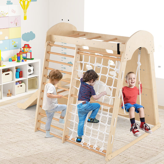 8-in-1 Indoor Jungle Gym Wooden Playground with Swing and Climbing Wall, Natural Climbers & Slides Natural at Gallery Canada