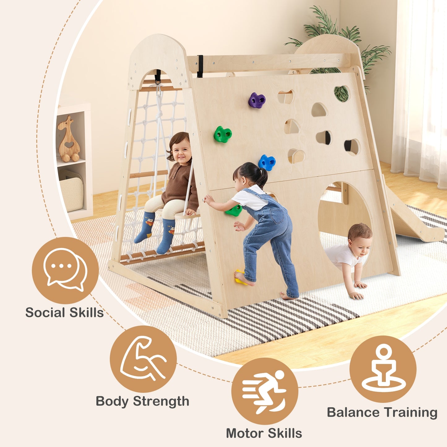 8-in-1 Indoor Jungle Gym Wooden Playground with Swing and Climbing Wall, Natural Climbers & Slides at Gallery Canada