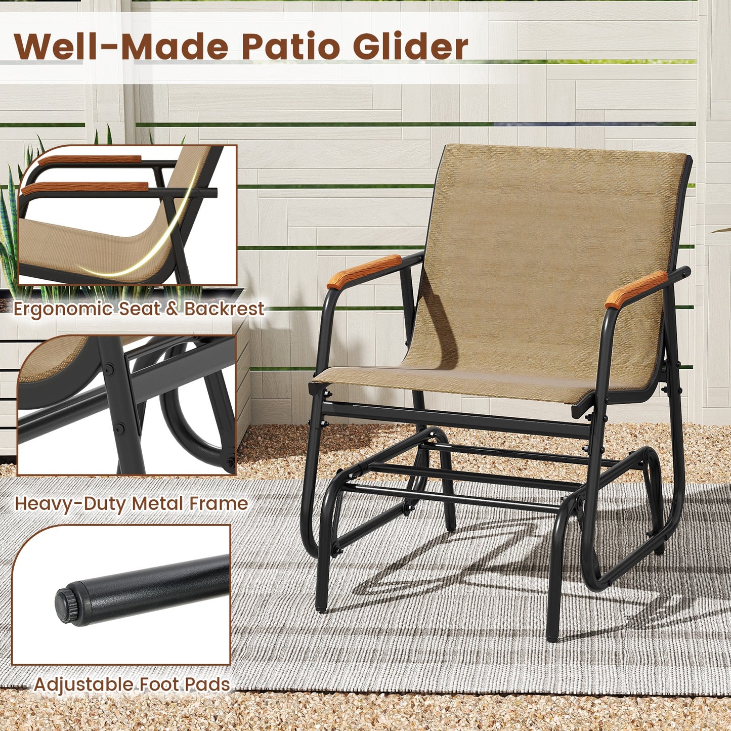 Patio Glider Chair Set, With Curved Teak Armrests, Brown Patio Rocking Chairs & Gliders at Gallery Canada