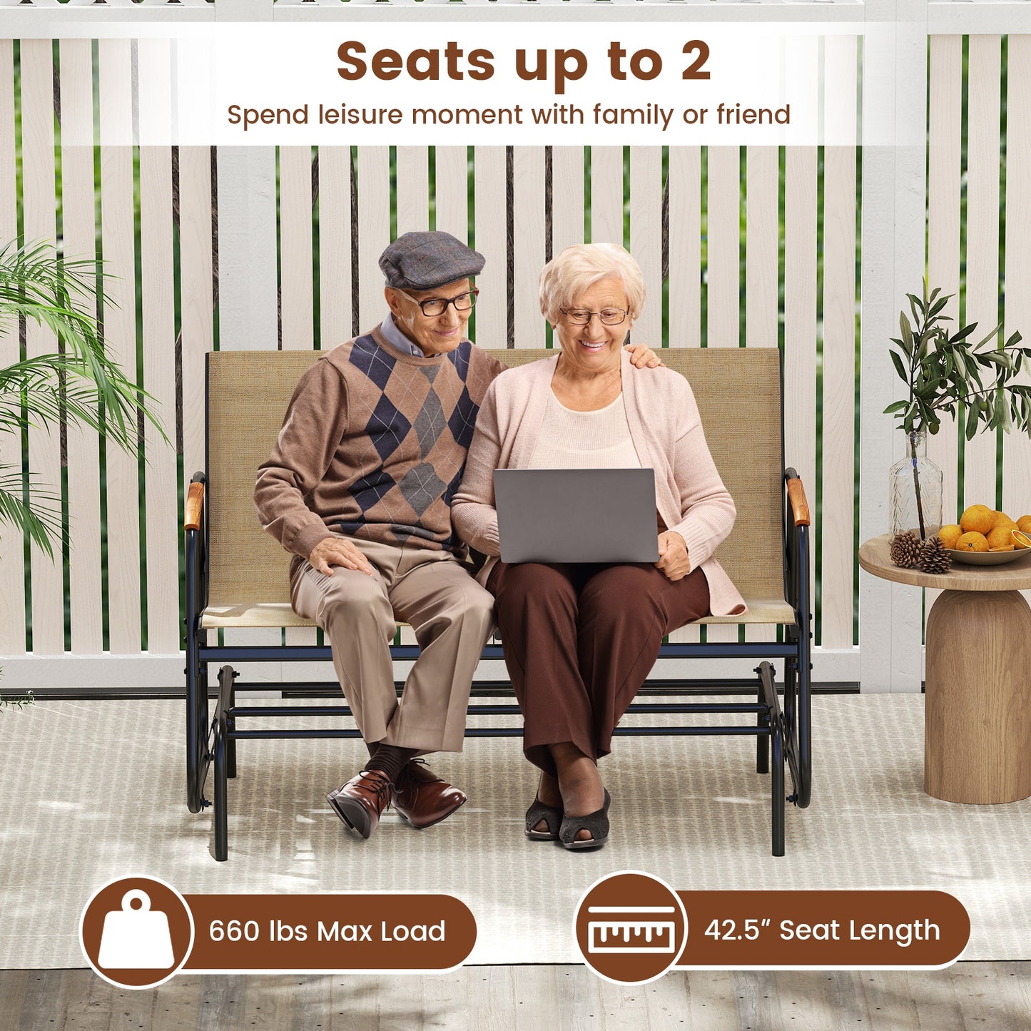 Patio Glider Bench, Teak Armrests, Breathable Fabric Seat, Brown Patio Rocking Chairs & Gliders at Gallery Canada