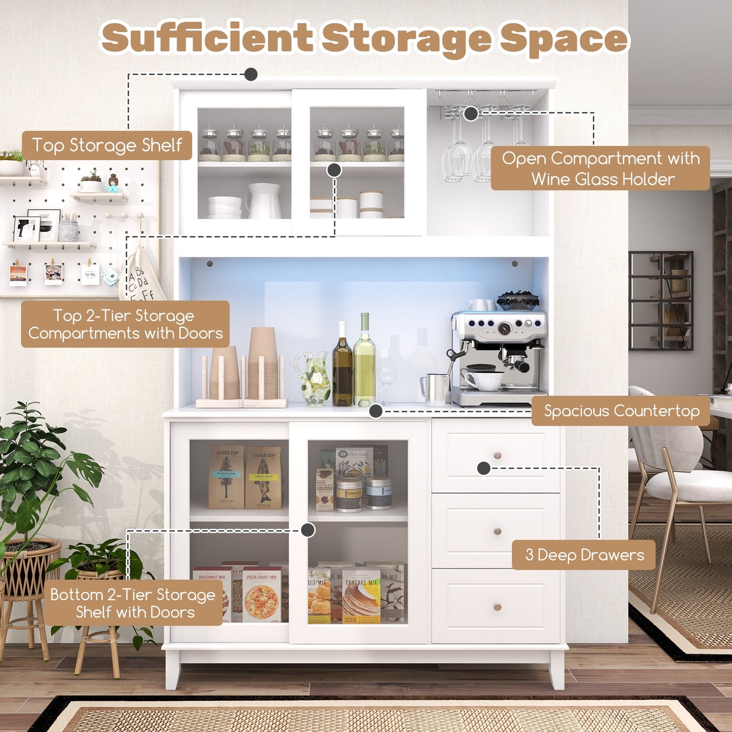 Armoire de rangement pour garde-manger de cuisine avec lumières LED, prise électrique, blanc