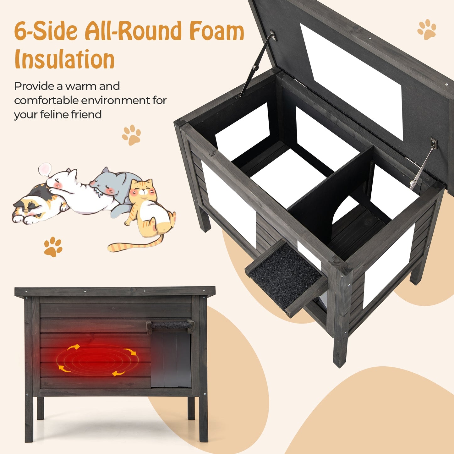 Outdoor Insulated Cat House with All-Round Foam Insulated for Winter, Gray Cat Houses at Gallery Canada