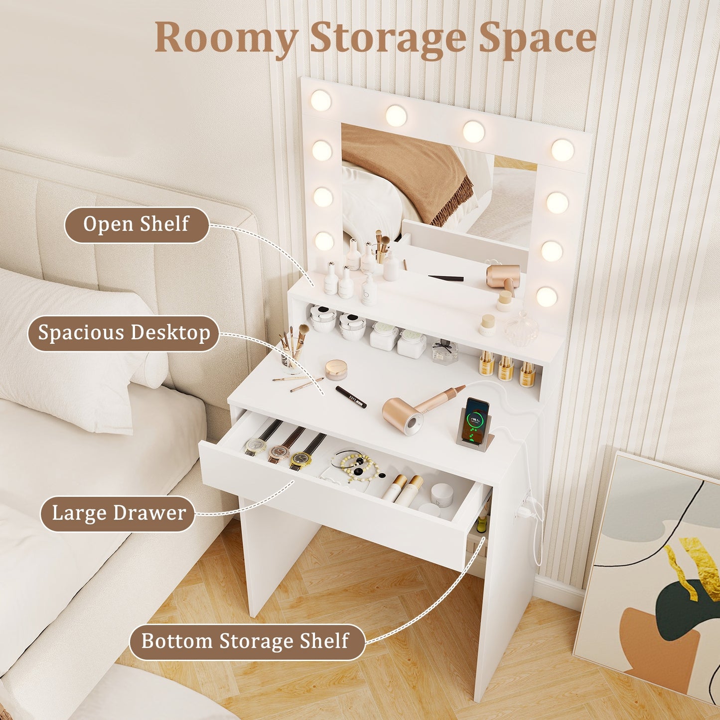 Vanity Desk with Adjustable Brightness and 3 Light Modes for Bedroom, White Makeup Vanities at Gallery Canada