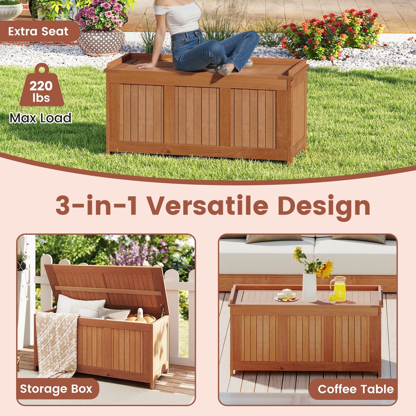58 Gallon 3-in-1 Patio Wood Deck Box with Flip Top for Cushions Sheds & Outdoor Storage at Gallery Canada
