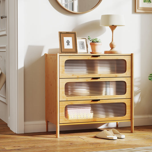 Mid Century Modern Chest, 3 Drawer, Reeded Tempered Glass Front, Natural Cabinets & Chests Natural at Gallery Canada