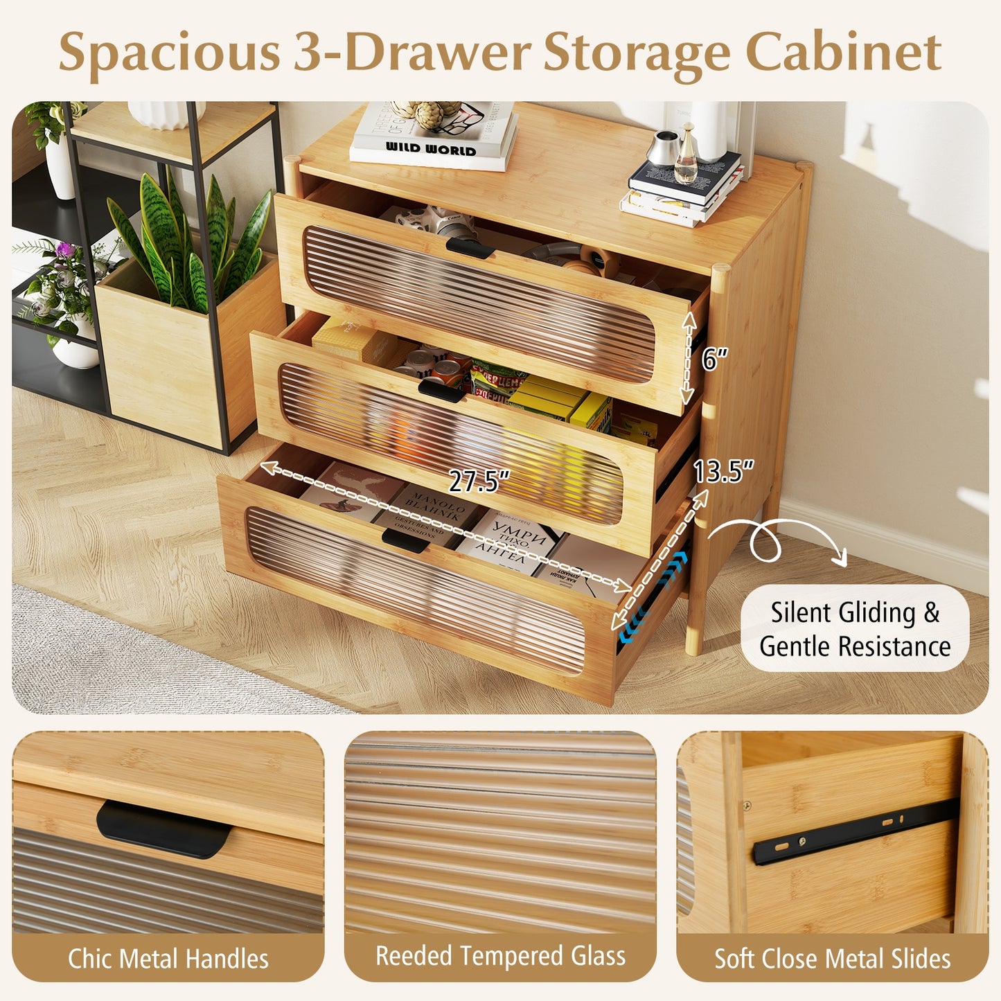 Mid Century Modern Chest, 3 Drawer, Reeded Tempered Glass Front, Natural Cabinets & Chests at Gallery Canada