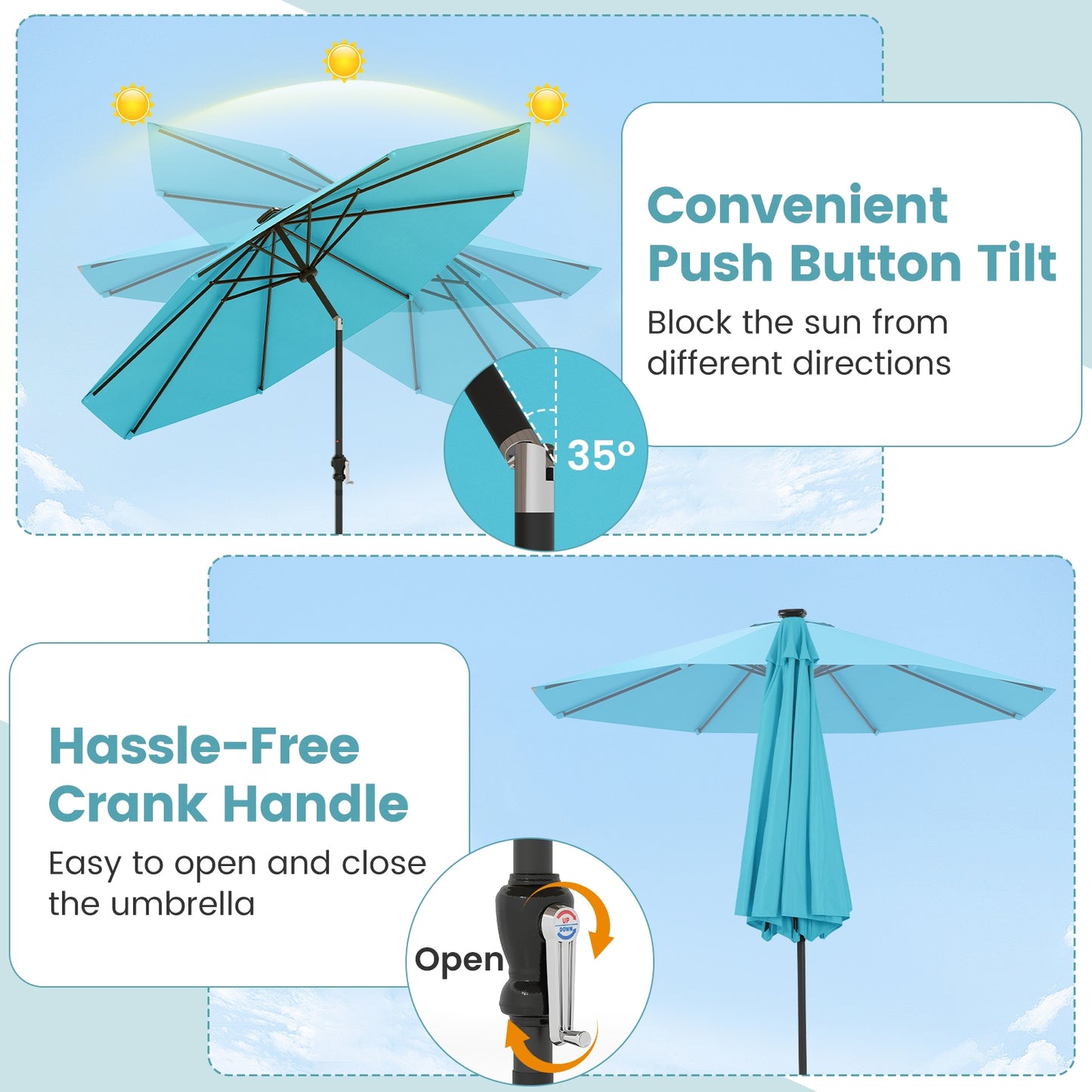 10 Feet Solar Patio Umbrella, With LED Lights, Tilt Adjustment, Turquoise Outdoor Umbrellas at Gallery Canada
