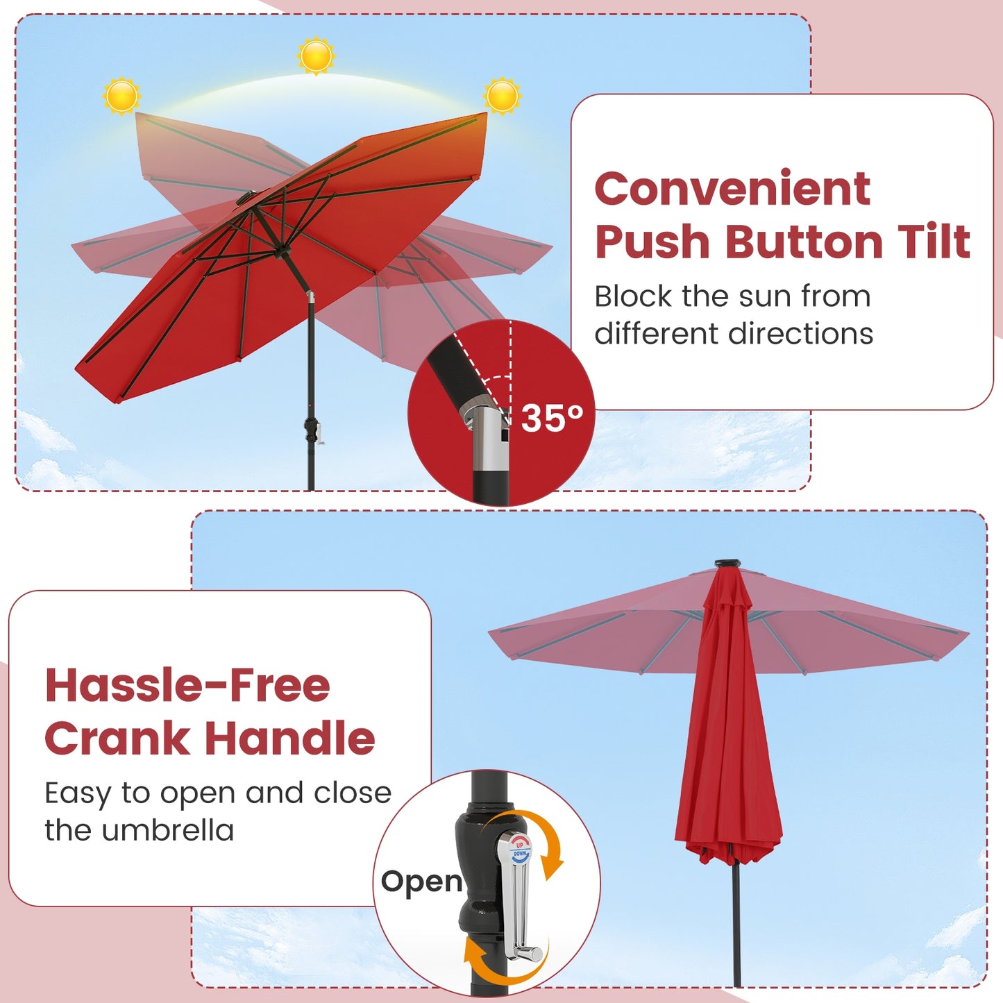 10 Feet Solar Patio Umbrella, 96 Multi-Colored LED Lights, Tilt Adjustment, Red Outdoor Umbrellas at Gallery Canada