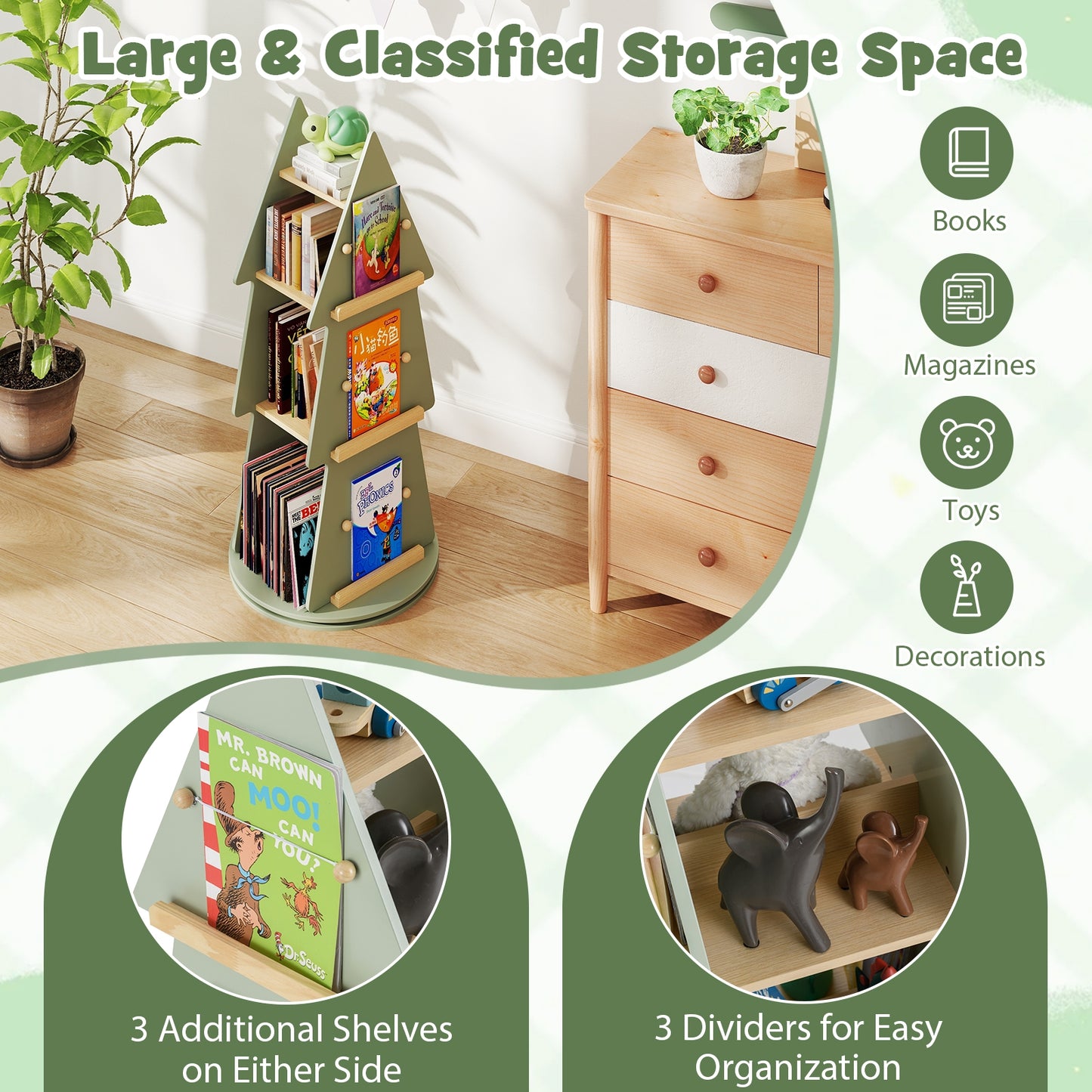 4 Tier Tree Shape Kids Rotating Bookshelf, Green Kids Storage at Gallery Canada