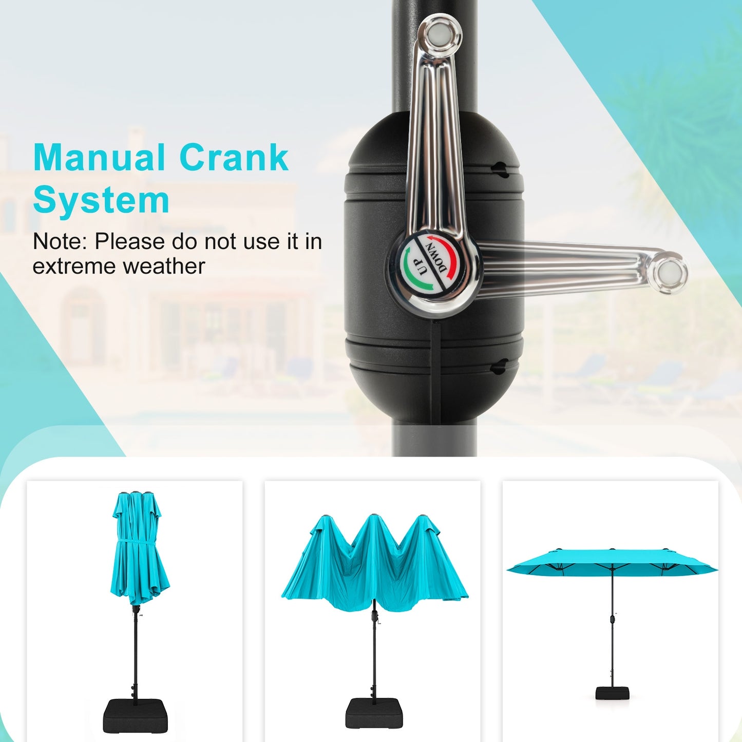 13 Feet Double-Sided Patio Twin Table Umbrella with Crank Handle, Turquoise Outdoor Umbrellas at Gallery Canada