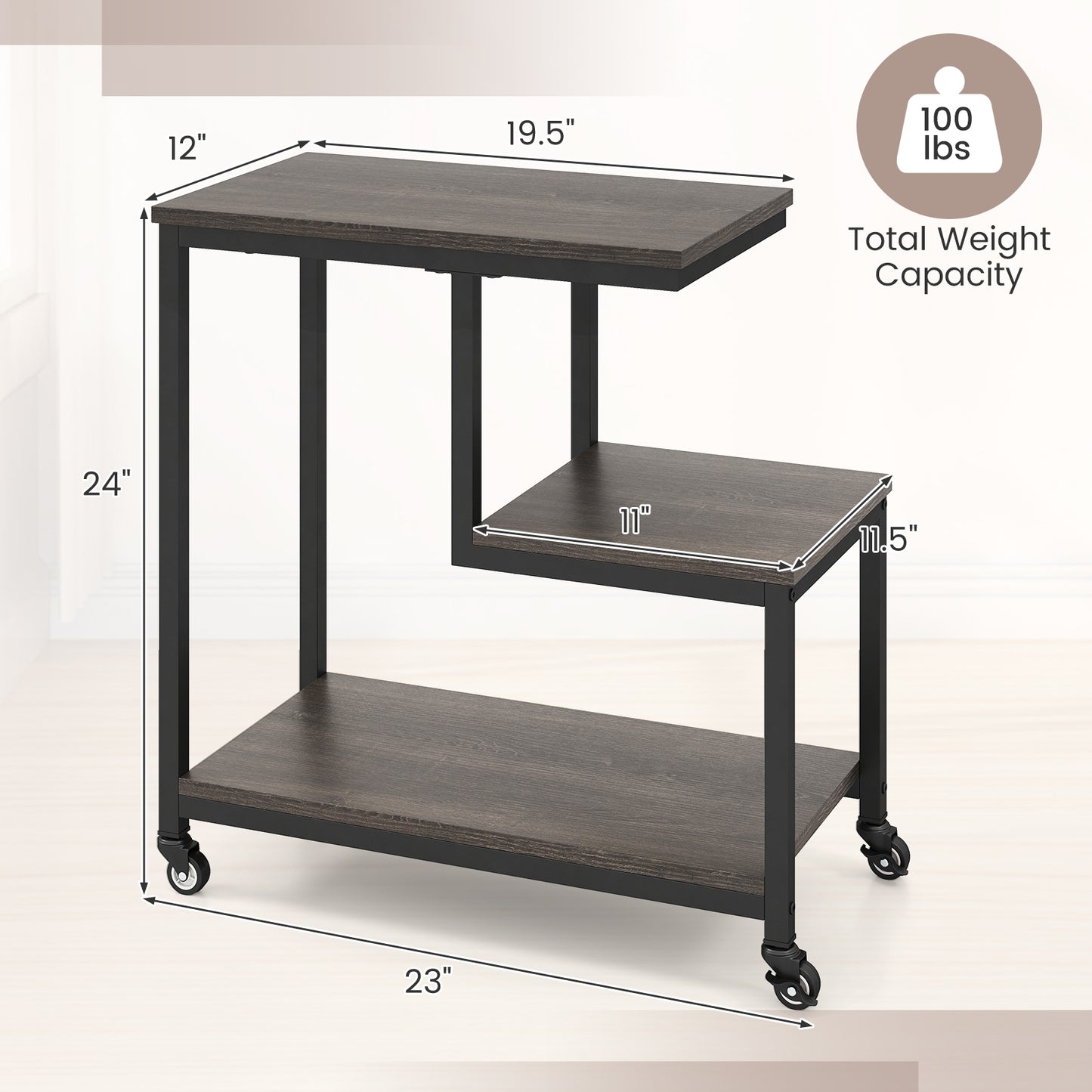 G-shaped Side Table 3-Tier Mobile End Table with Open Shelves, Gray End & Side Tables at Gallery Canada