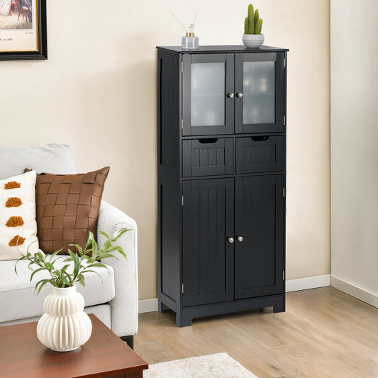 4 Door Freestanding Bathroom Floor Storage Cabinet with 2 Drawers and Glass Doors, Black Floor Cabinets Black at Gallery Canada