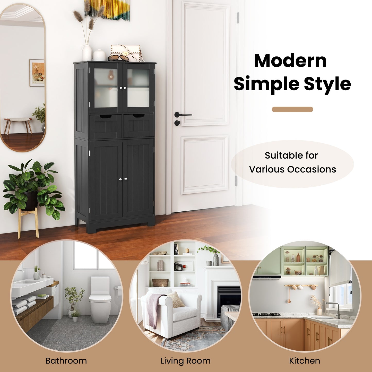 4 Door Freestanding Bathroom Floor Storage Cabinet with 2 Drawers and Glass Doors, Black Floor Cabinets at Gallery Canada