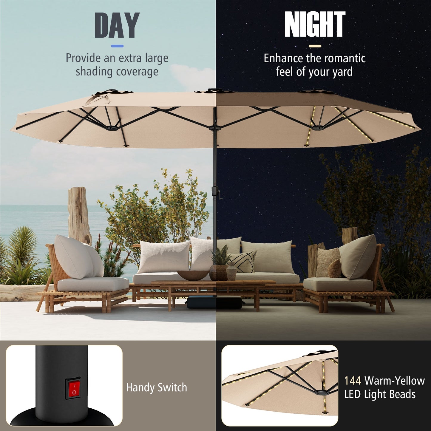 15.5 FT Patio Umbrella, LED Solar Lights, Crank Handle, Beige Outdoor Umbrellas at Gallery Canada