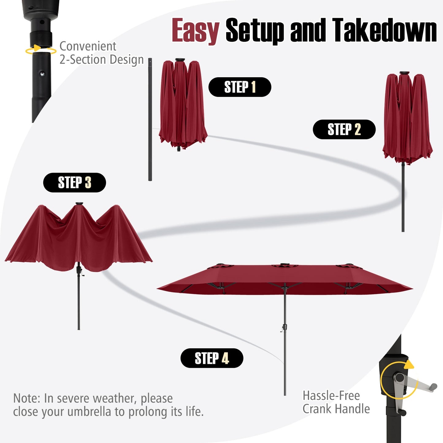 15.5 FT Extra-Large Patio Umbrella with LED Solar Lights and Crank Handle, Red Outdoor Umbrellas at Gallery Canada