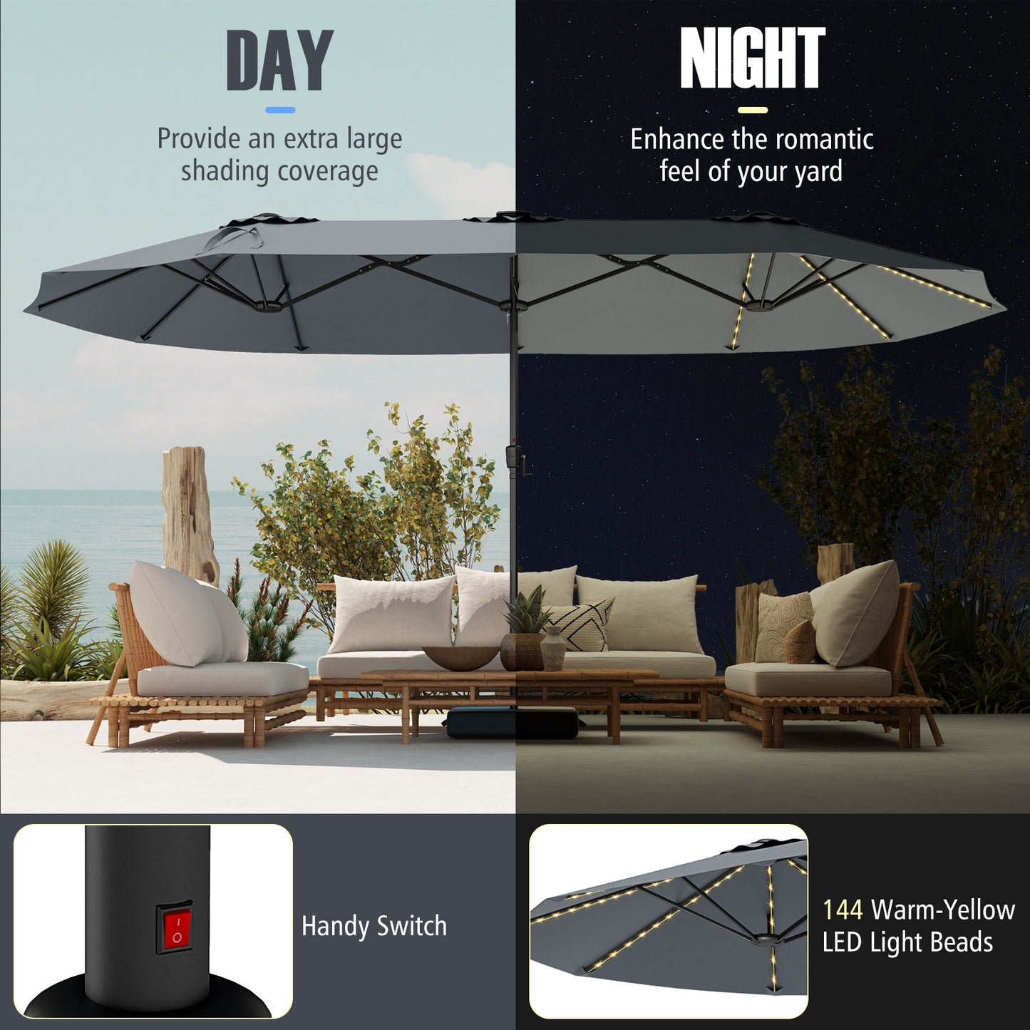 15.5 FT Extra-Large Patio Umbrella, LED Solar Lights, Crank Handle, Gray Outdoor Umbrellas at Gallery Canada