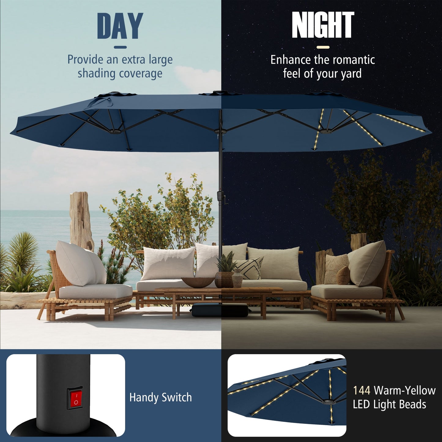 15.5 FT Patio Umbrella, LED Solar Lights, Crank Handle, Navy Outdoor Umbrellas at Gallery Canada