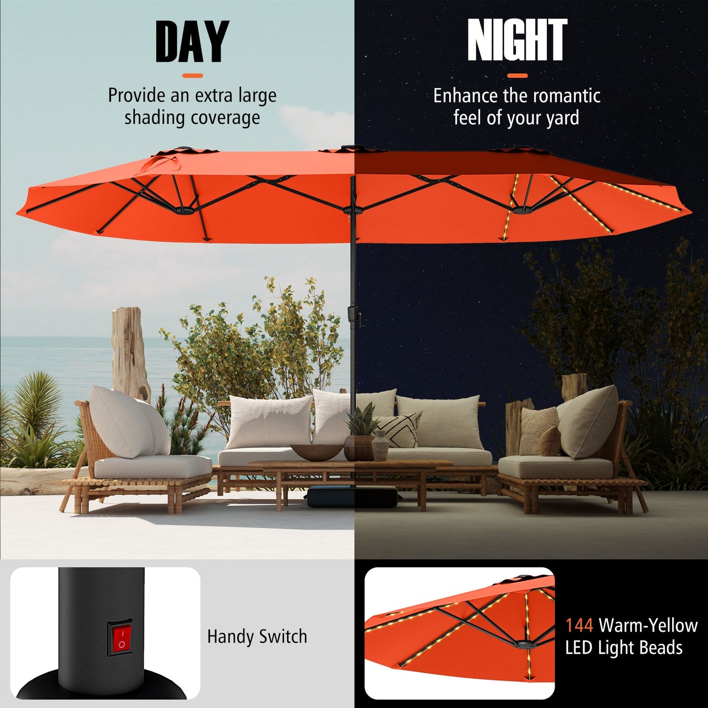 15.5 FT Patio Umbrella With LED Solar Lights, Crank Handle, Orange Outdoor Umbrellas at Gallery Canada