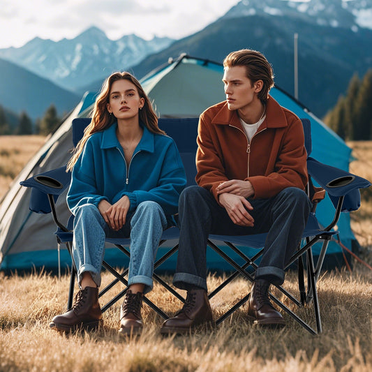 Double Camping Chair 2-Person Outdoor Folding Loveseat with Cup Holders, Blue Camping Furniture Blue at Gallery Canada