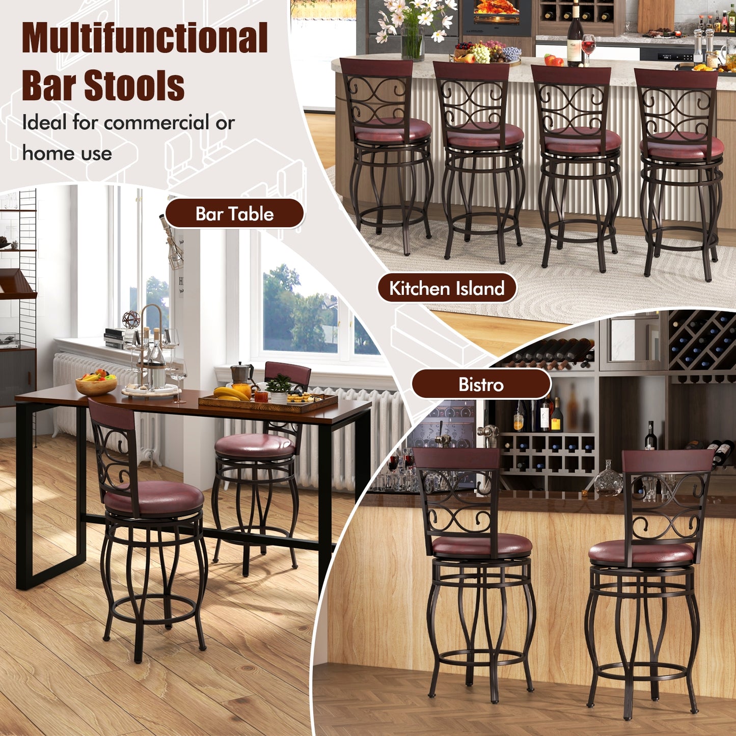 Set of 2 26 Inch Bar Stool with Backrest and Footrest, Brown Dining Chairs at Gallery Canada