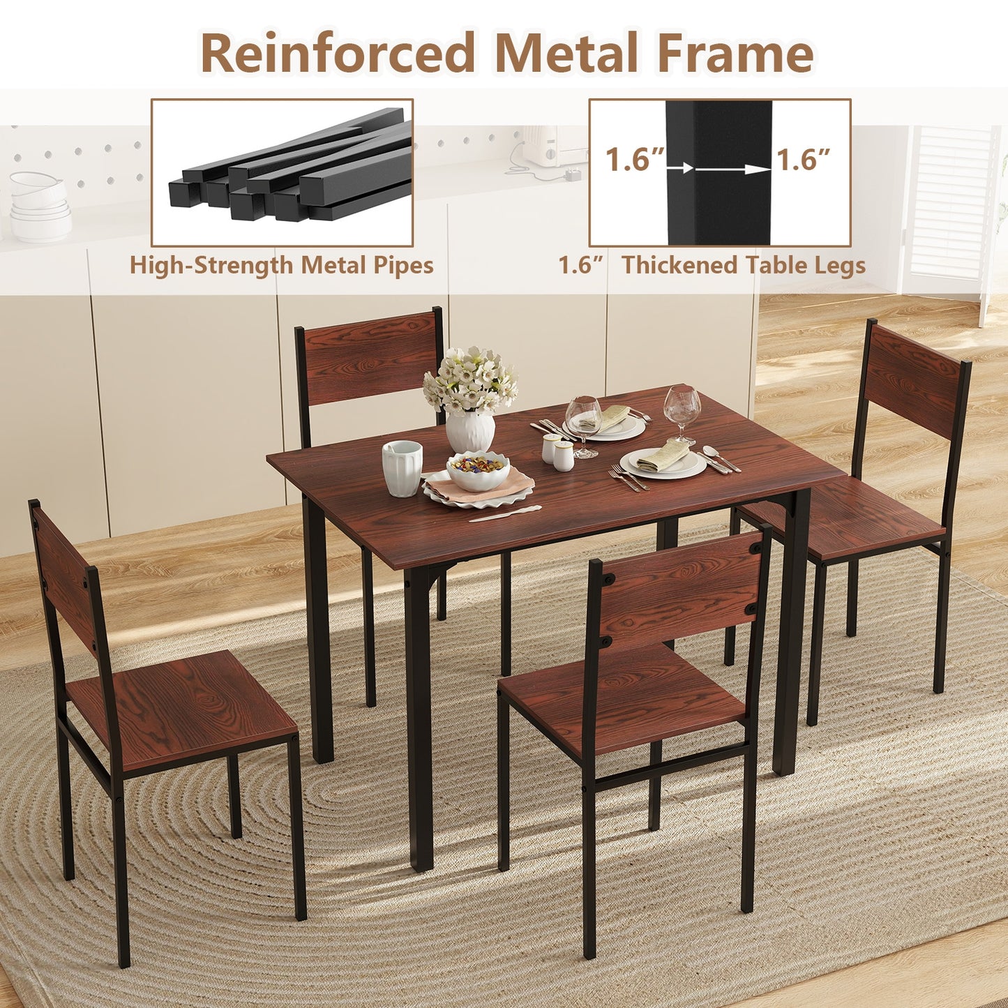 5 Piece Dining Table Set Industrial Style Kitchen Table and Chairs for 4, Walnut Dining Room Sets at Gallery Canada