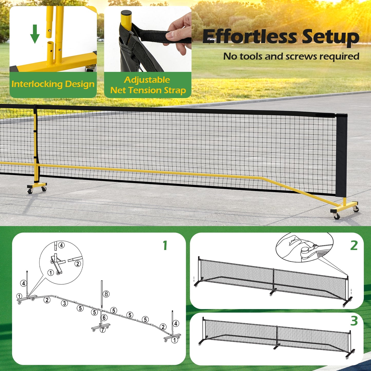 22 Ft Portable Pickleball Net, 6 Lockable Wheels, Carry Bag, Yellow Sport Equipments at Gallery Canada
