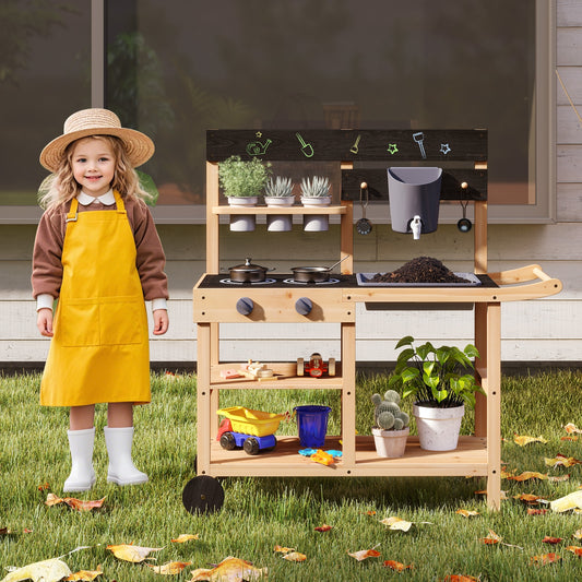 Outdoor Fir Wood Play Kitchen, Blackboard, Planting Pots, Natural