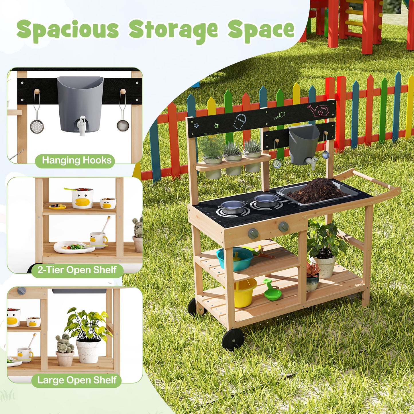 Outdoor Fir Wood Play Kitchen, Blackboard, Planting Pots, Natural