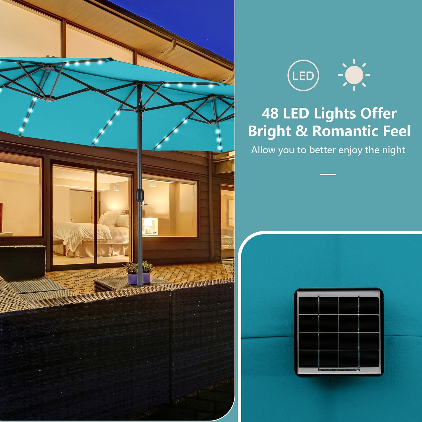 15 Feet Twin Patio Umbrella, 48 Solar LED Lights, Turquoise Outdoor Umbrellas at Gallery Canada