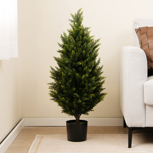 3 Feet Artificial Cedar Topiary Tree, Cement Plastic Pot, Green Faux Plants Green at Gallery Canada