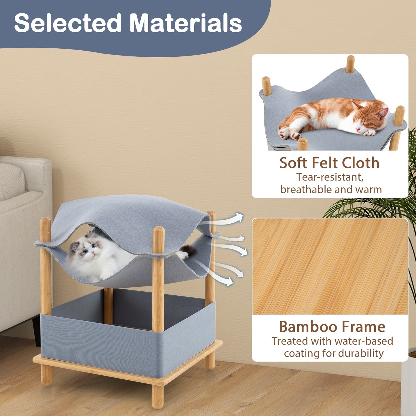 2-Tier Wooden Cat House, Semi-Enclosed Condo, Removable Clothes, Gray Cat Trees Condos & Scratchers at Gallery Canada