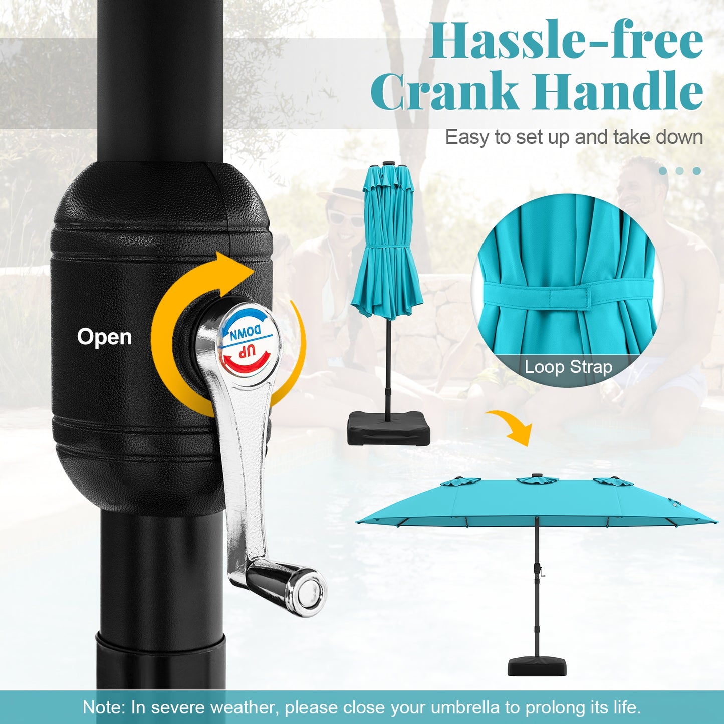 15 Feet Patio Umbrella, 48 LED Lights, Turquoise