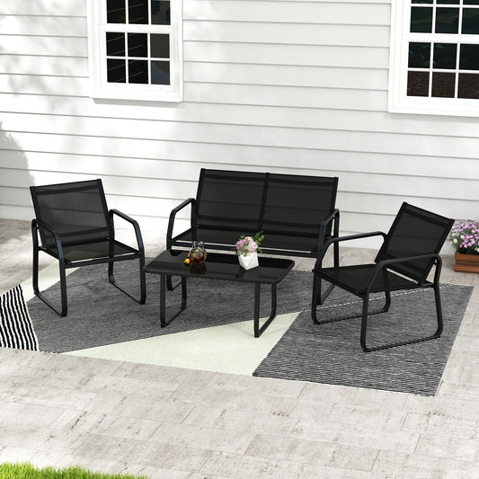 4 Piece Patio Conversation Set, Breathable Fabric, Tempered Glass, Black