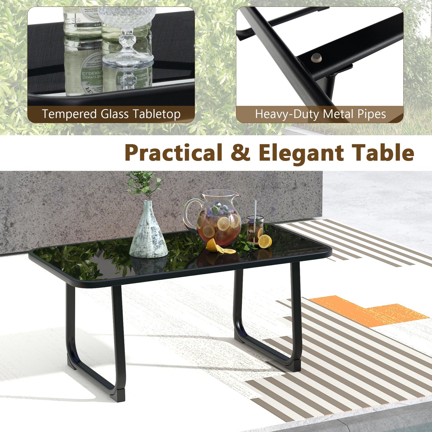 4 Pieces Patio Conversation Set with Breathable Fabric Seat and Tempered Glass Tabletop, Black Patio Conversation Sets at Gallery Canada