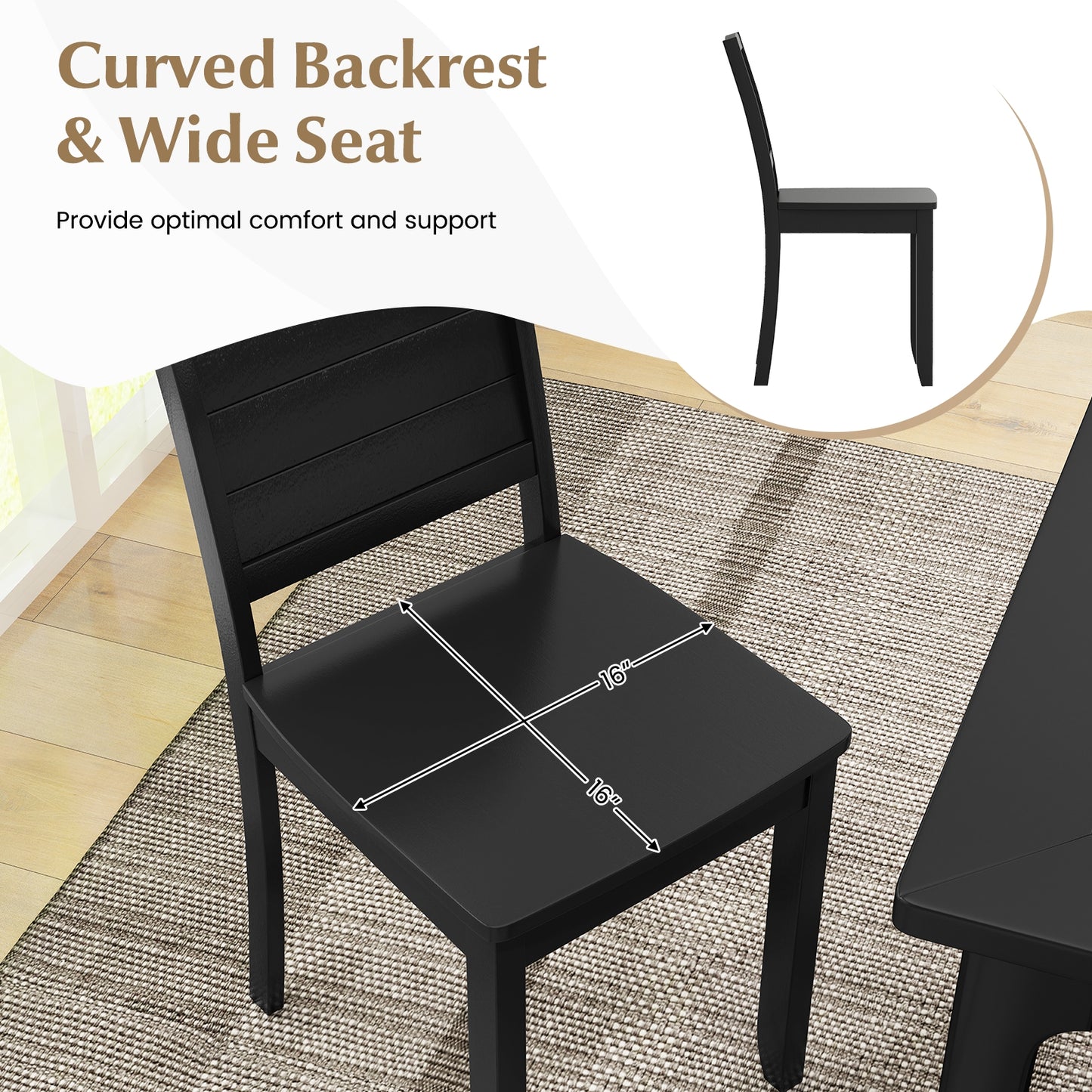 Ensemble de chaises à manger en bois, 2 chaises de cuisine sans accoudoirs, pieds en bois de caoutchouc, noir
