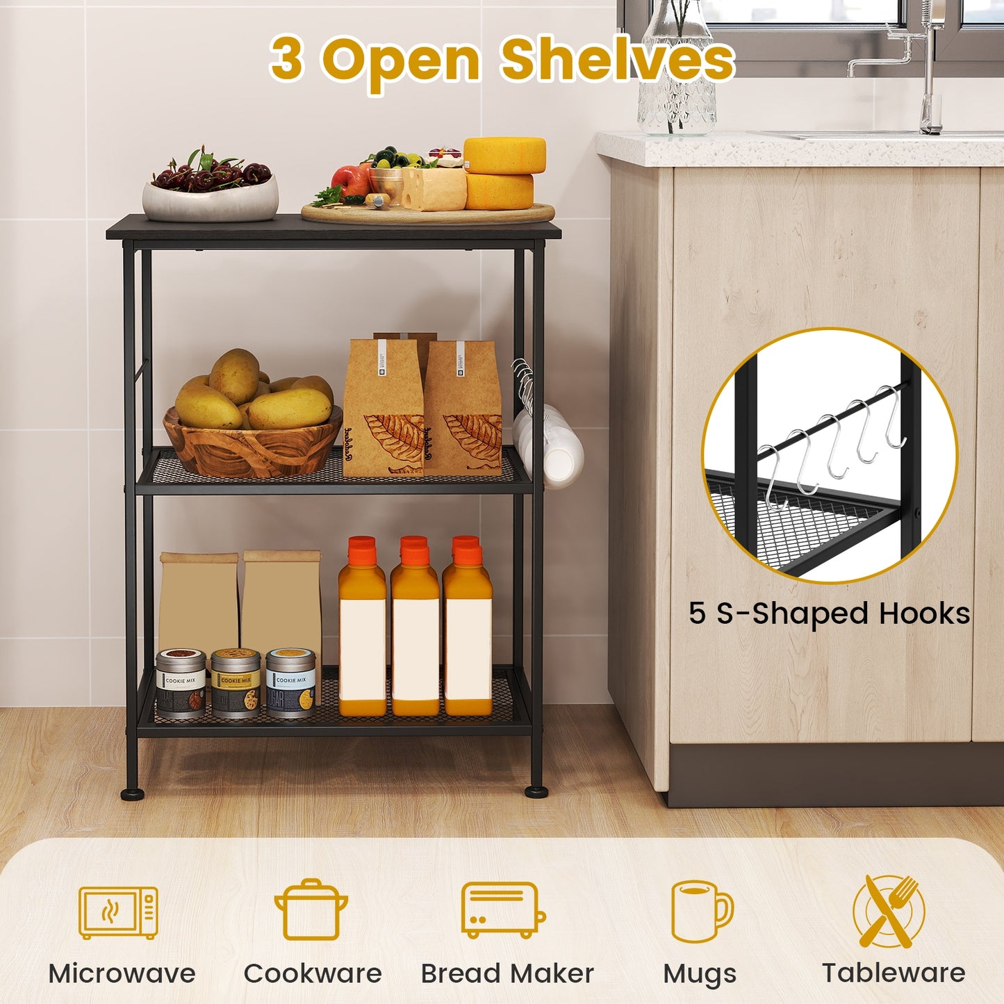3-Tier Kitchen Cart, Microwave Rack With Hooks, Black Baker's Racks at Gallery Canada