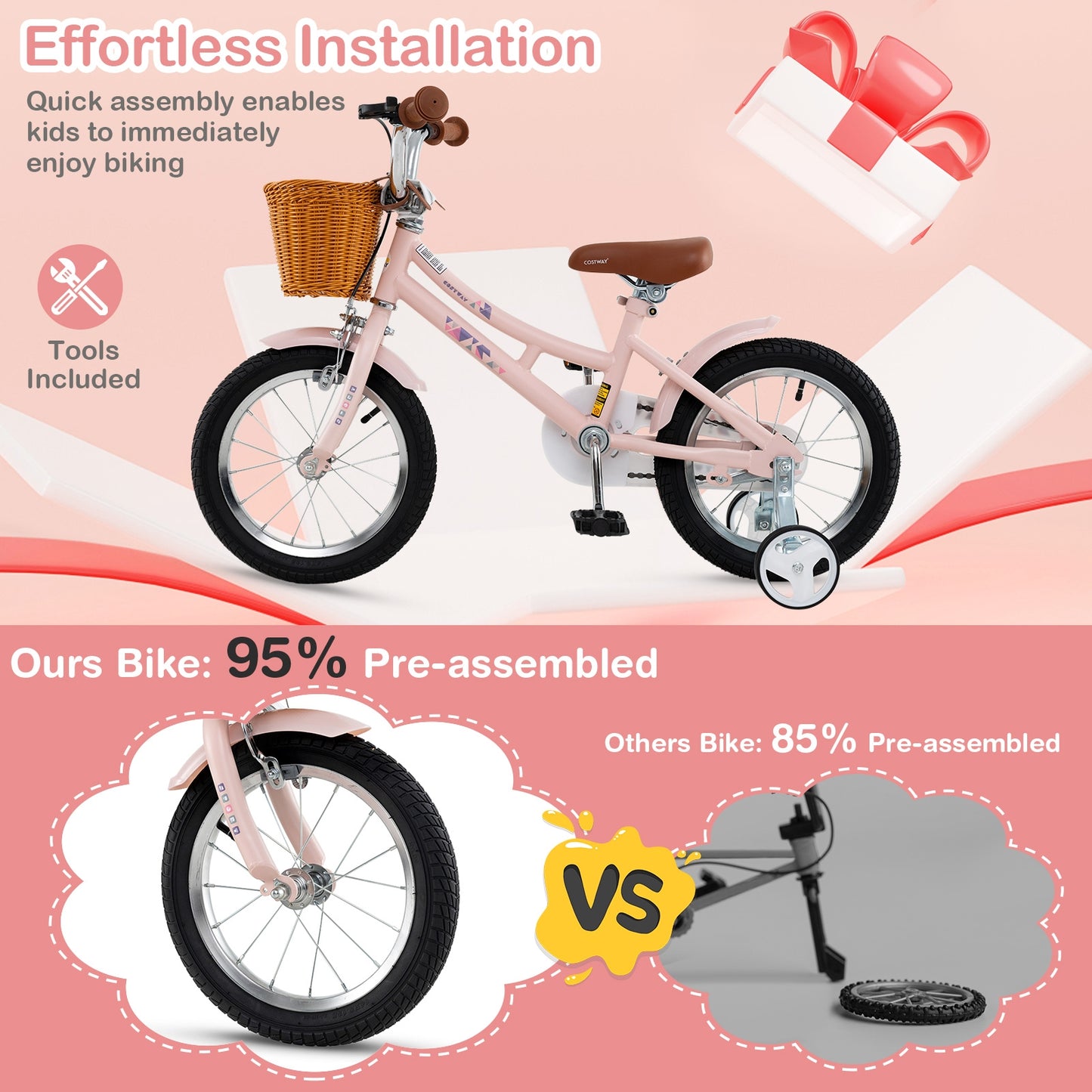 14 Inch Kids Bike, Adjustable Height, Basket, Ages 3-5, Pink Kids Bike at Gallery Canada