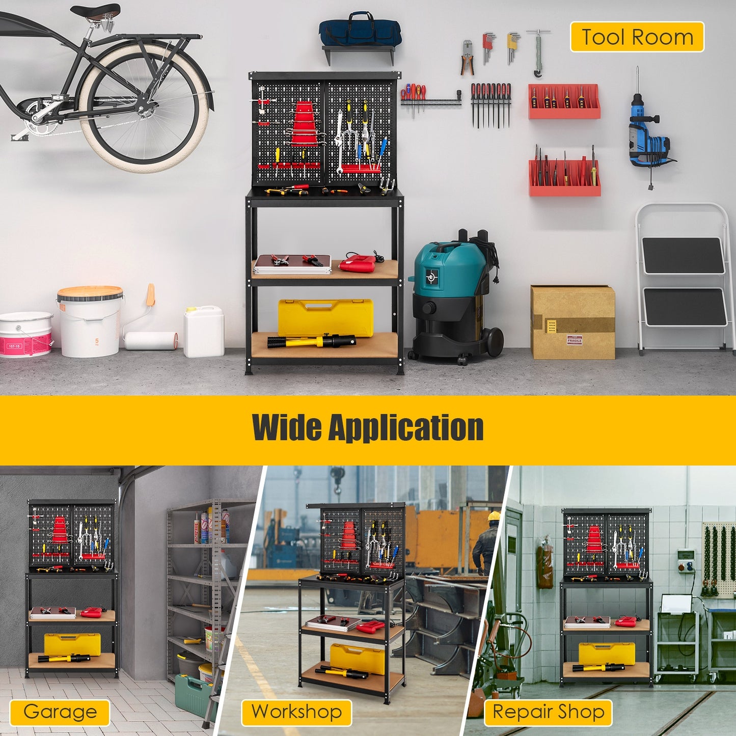 Tool Storage Workbench with Peg Board 2 Lower Shelves 14 Hanging Accessories, Black Garages at Gallery Canada