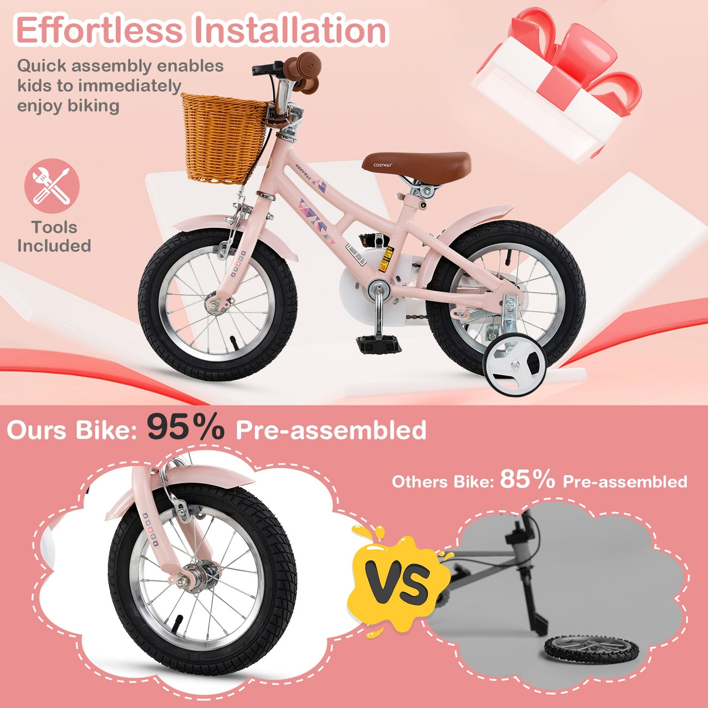 12 Inch Kids Bike, Adjustable Height, Basket, Pink Kids Bike at Gallery Canada
