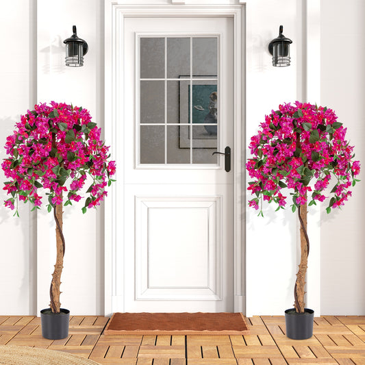 Set Of 2 4.5 Feet Artificial Azalea Tree, Cement Pot, Red Faux Plants Red at Gallery Canada