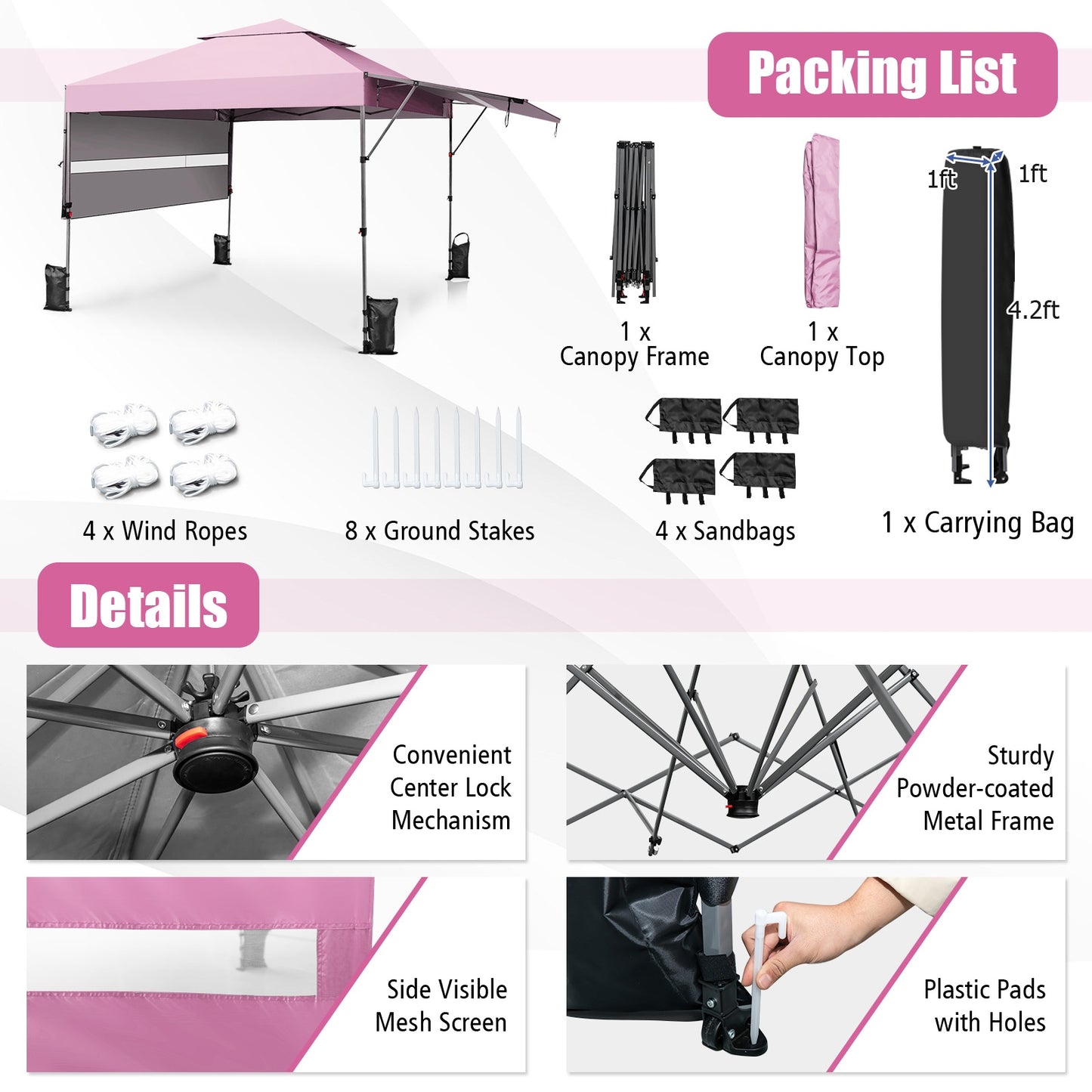 10 x 17.6 Feet Pop-Up Canopy Tent, Dual Half Awnings, Pink Canopies at Gallery Canada