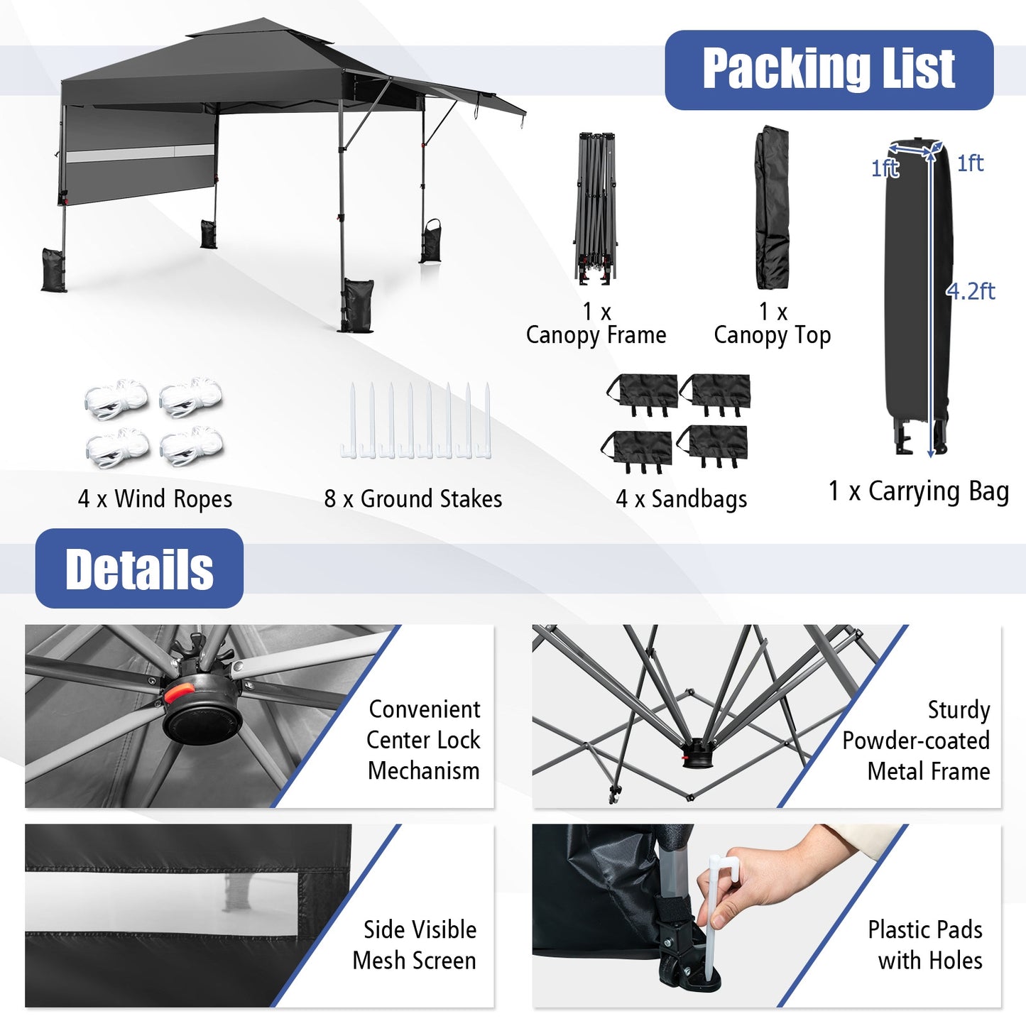 10 x 17.6 Feet Outdoor Instant Pop-up Canopy Tent with Dual Half Awnings, Black Canopies at Gallery Canada
