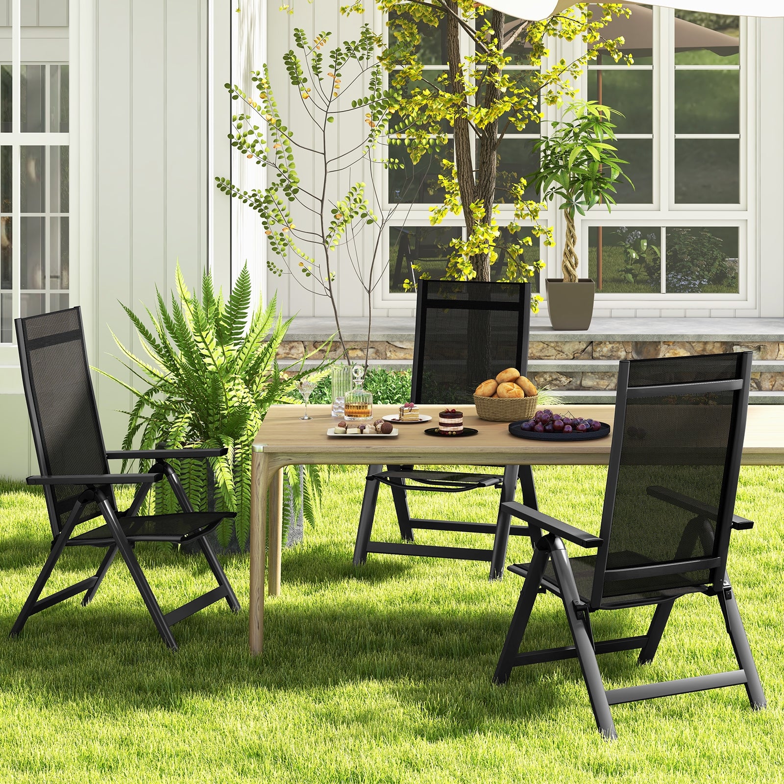 Outdoor Dining Chair with Soft Padded Seat and 7-Position Adjustable Backrest Set of 2, Black Patio Dining Chairs at Gallery Canada