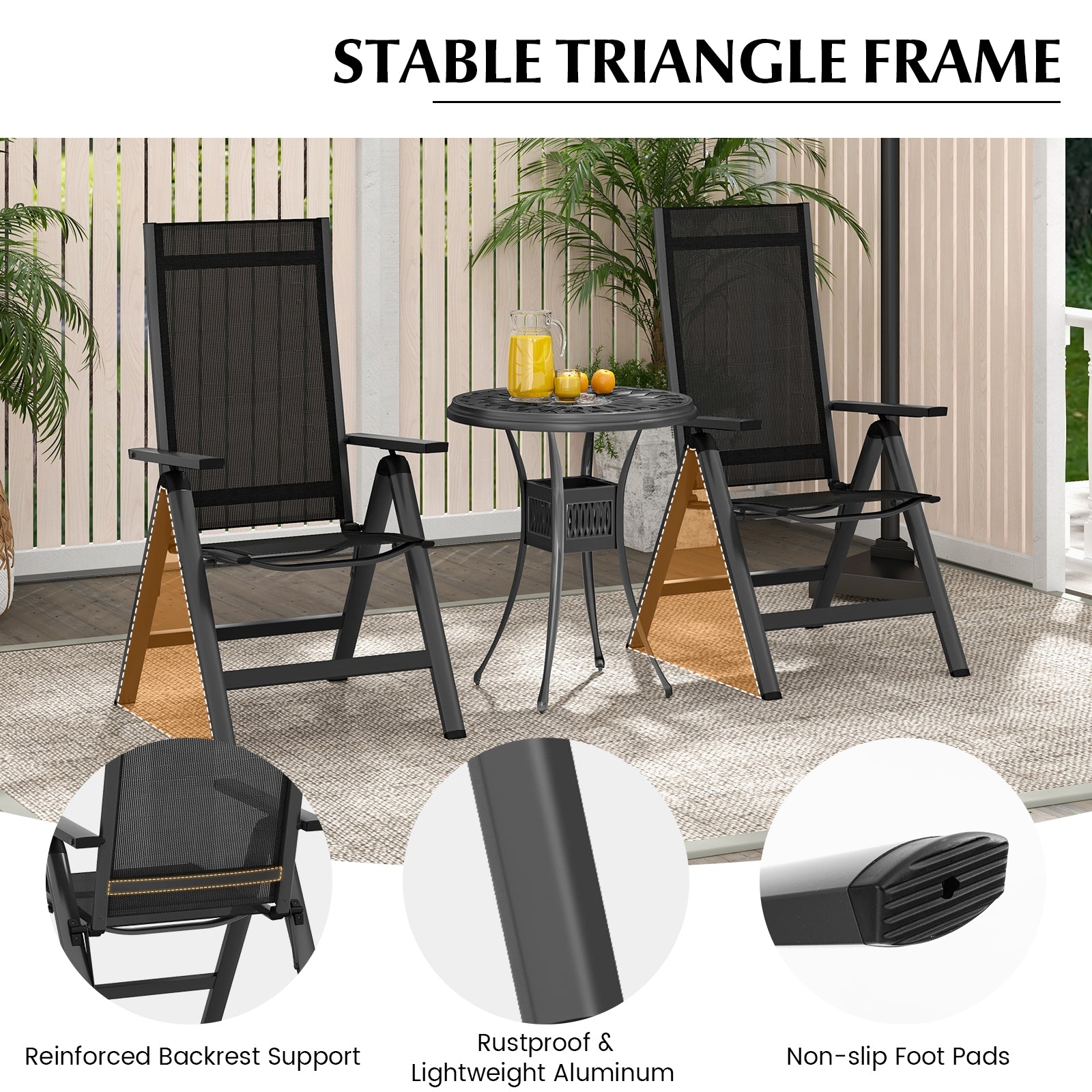 Outdoor Dining Chair with Soft Padded Seat and 7-Position Adjustable Backrest Set of 2, Black Patio Dining Chairs at Gallery Canada