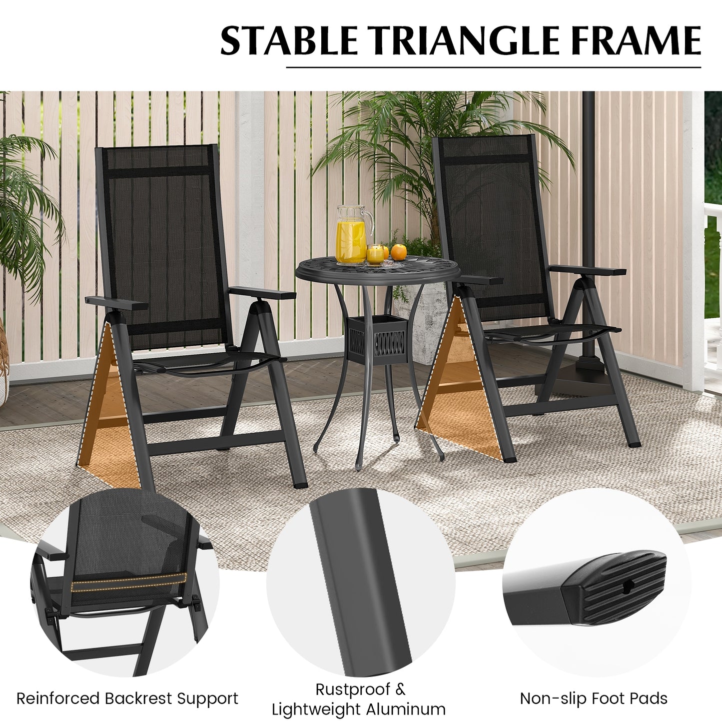 Outdoor Dining Chair with Soft Padded Seat and 7-Position Adjustable Backrest Set of 2, Black Patio Dining Chairs at Gallery Canada