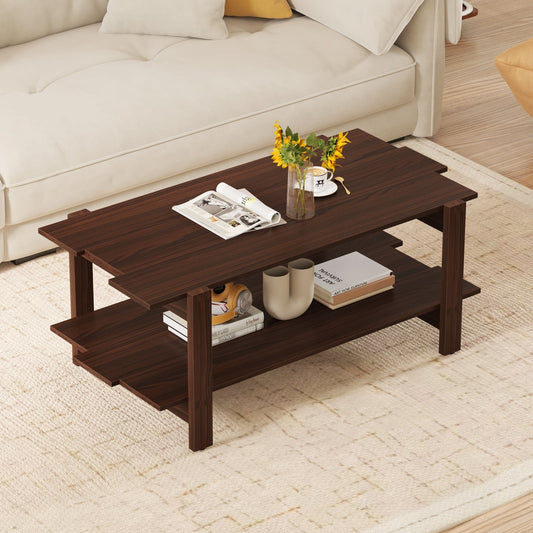 2-Tier Slatted Wood Coffee Table With Storage Shelf, Walnut Coffee Tables Walnut at Gallery Canada