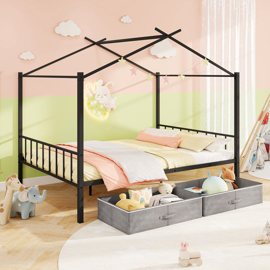 Full Size Metal House Bed With 2 Fabric Drawers, Black Toddler Beds Black at Gallery Canada